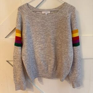 THML Gray Crewneck Sweater with Multicolor Rainbow Sleeve Stripes XS
